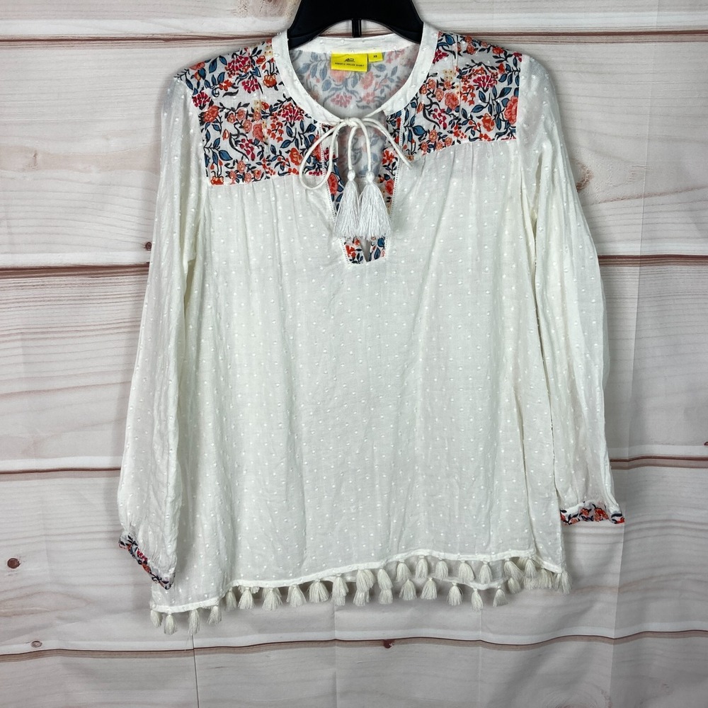 Roberta Roller Rabbit‎ Top Womens XS White Swiss Dot Blouse Floral Yoke Tassels